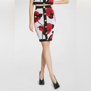 Balmain
Rose Print Knit Pencil Skirt with Button Detail